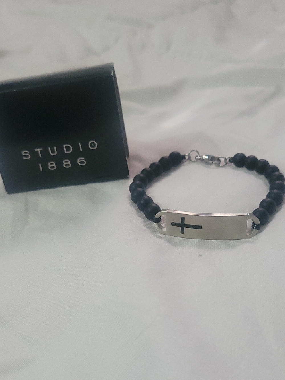 AVON Studio 1886 Mens Stainless Steel & Bead Cross Bracelet